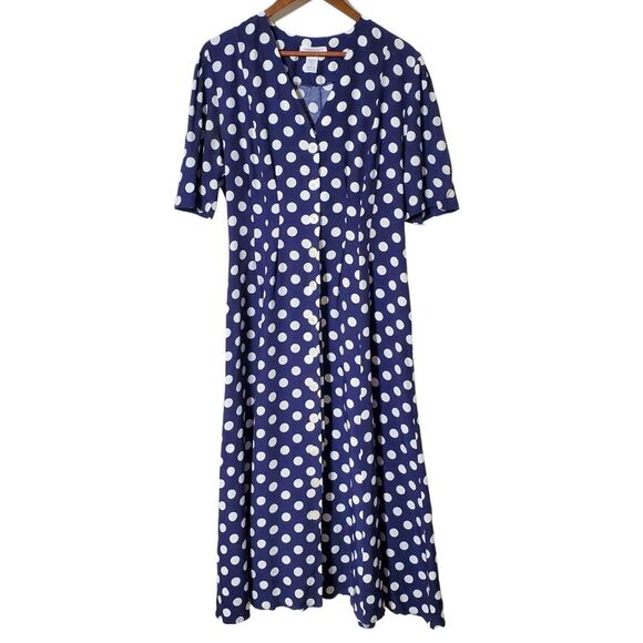 Vintage Express Polka Dot Dress 9/10 Blue White Button Front Rayon Midi Womens - Picture 1 of 11